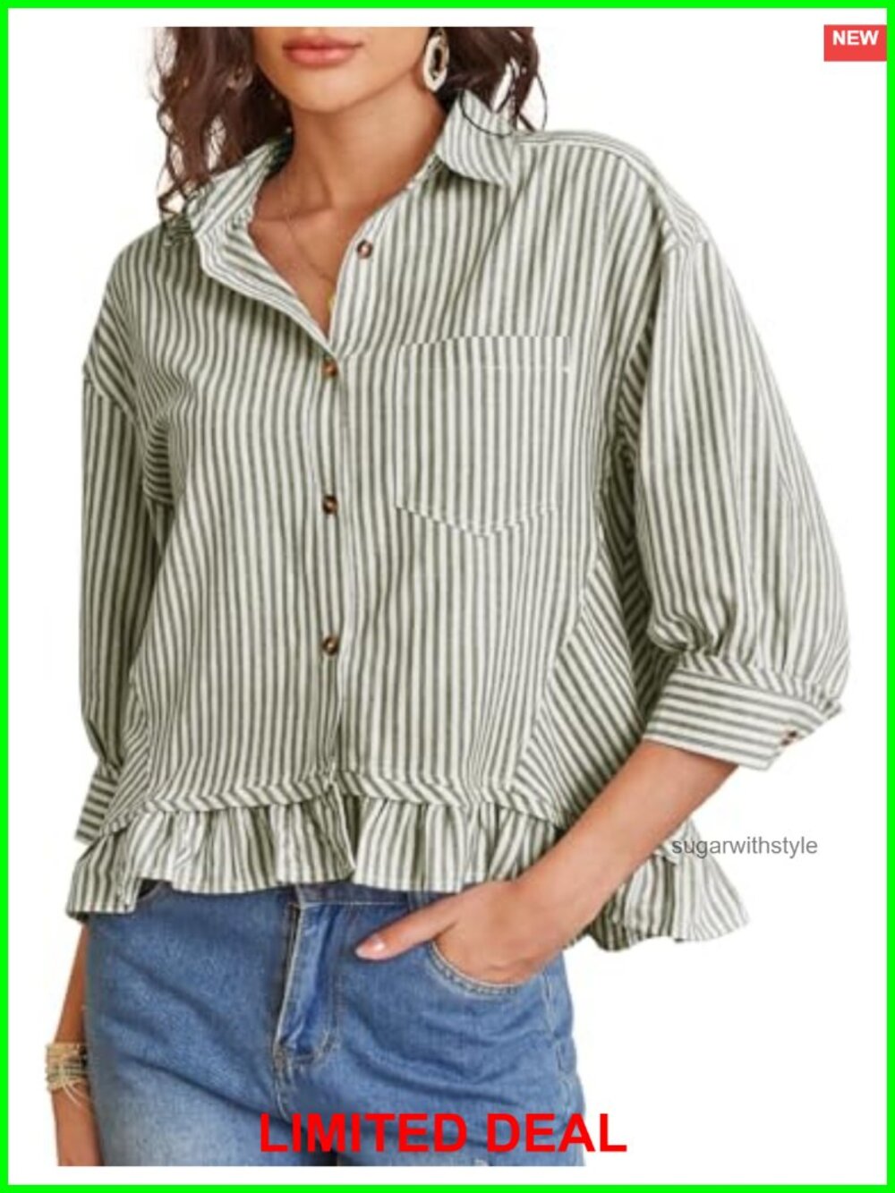 Women's 100% Cotton Button Down Shirt 3/4 Sleeve Ruffle Hem Cropped Blouse